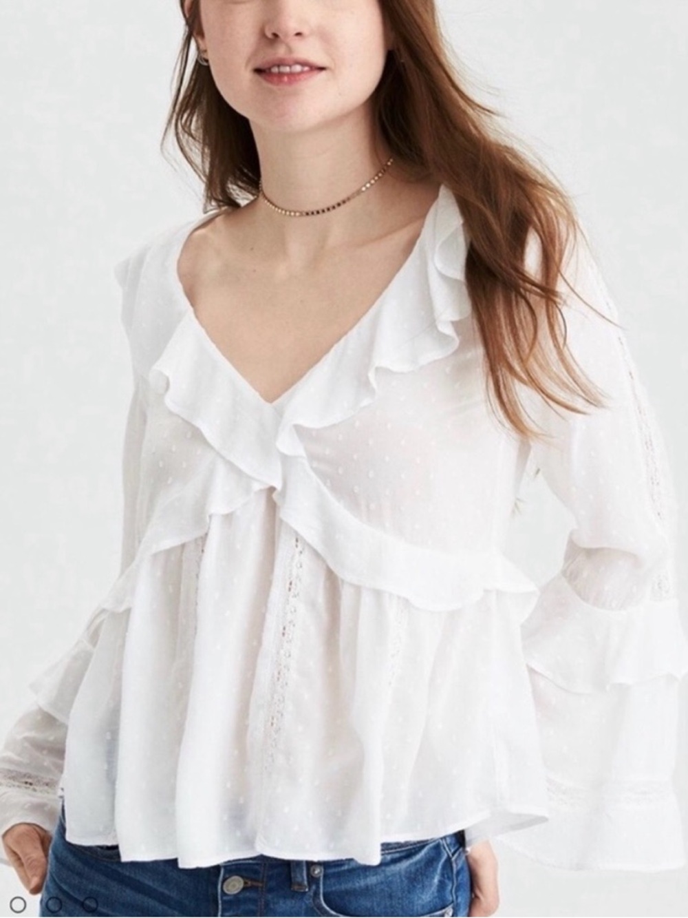 American Eagle AEO Swiss Dot Long Sleeve Ruffle Top